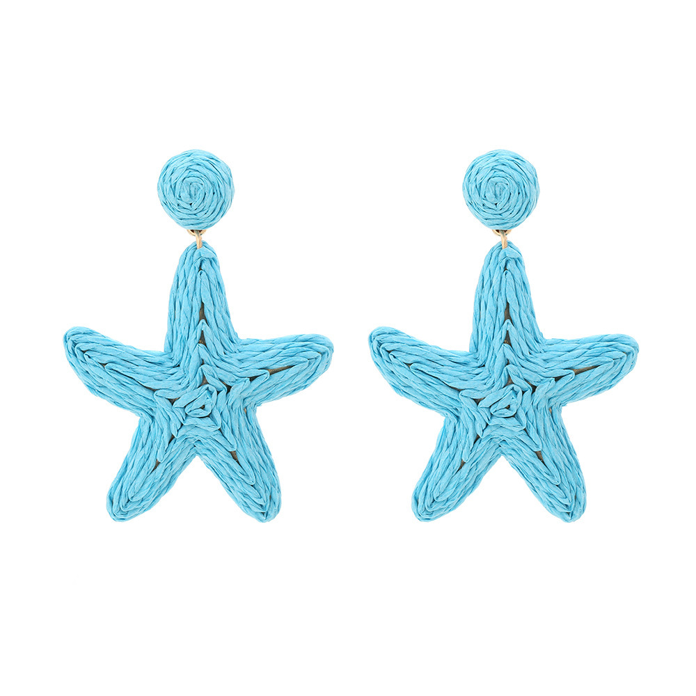 Boucles D'Oreilles Pendantes En Raphia Étoile De Mer, Style Océan, Collection Simple Series. 