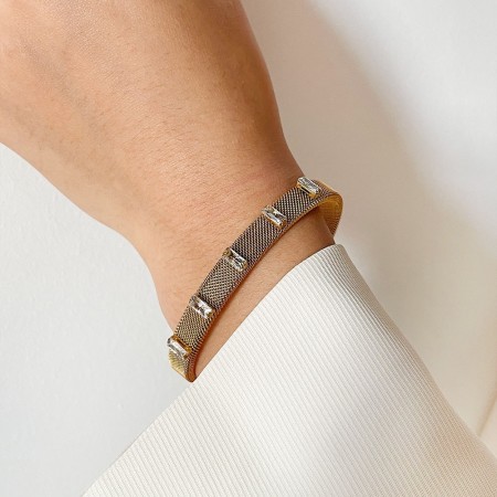 Bracelet manchette rétro rectangulaire en acier inoxydable étanche couleur or avec zircon pour femme, collection Luxueuse 2