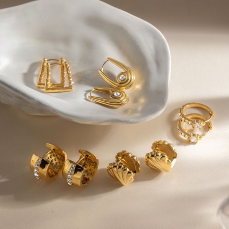 Boucles d'oreilles créoles rectangulaires pour femmes, en acier inoxydable étanche, couleur or, avec zircon.