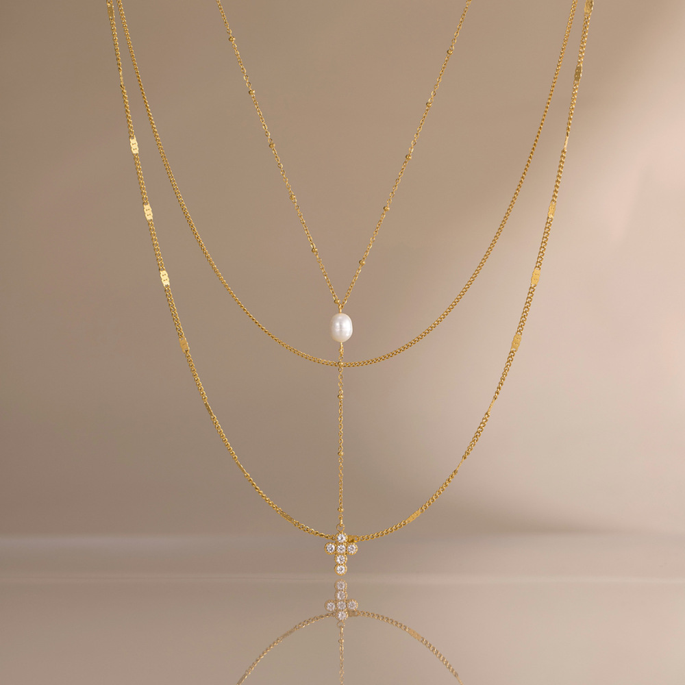 Colliers Superposés Pour Femmes, En Acier Inoxydable, Couleur Or, Avec Chaîne Croisée Quotidienne Simple Image3