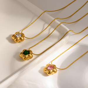 Colliers Pendentifs Pour Femmes En Acier Inoxydable, Couleur Or, Avec Zircon Et Motif Floral Simple h5 Image2