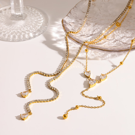 Colliers pendentifs pour femmes, luxueux et élégants, en forme de goutte, en acier inoxydable étanche couleur or et zircon. 2