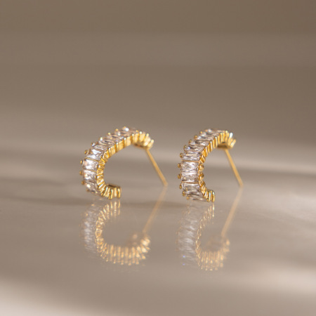 Boucles d'oreilles puces pour femmes, collection Luxueuse, forme rectangulaire simple, en acier inoxydable, étanches, couleur or, avec zircon.