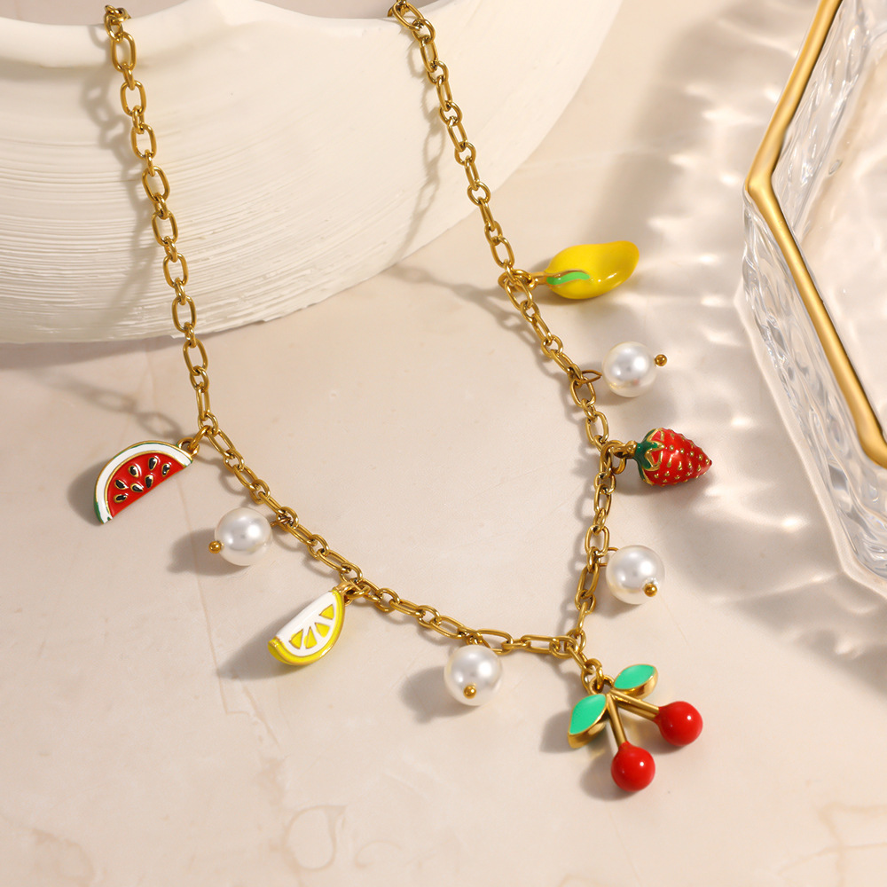 Colliers Pendentifs Pour Femmes, Collection Romantique, Motif Cœur Et Fruit, En Acier Inoxydable Étanche, Couleur Or Image3