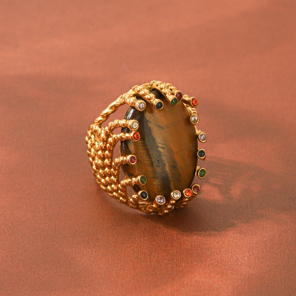 Bague Pour Femme En Acier Inoxydable Étanche, Forme Elliptique, Couleur Or, Pierre Naturelle Zircon. Image4