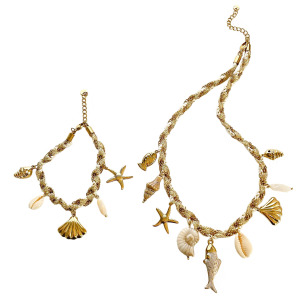 Ensembles De Colliers Pour Femmes De La Série Romantique « Vacances » Avec Motif Poisson, Étoile De Mer Et Coquillage Tressé Couleur Or h5 Image5