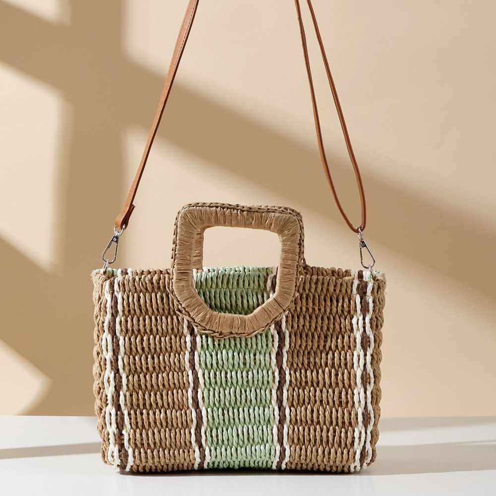 Sac Carré Pour Femme En Raphia Tissé À Rayures Multicolores Style Décontracté