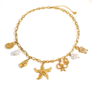Colliers Pendentifs Pour Femmes, Style Océan, Coquillage Et Étoile De Mer, En Acier Inoxydable Étanche, Couleur Or h5 Image5