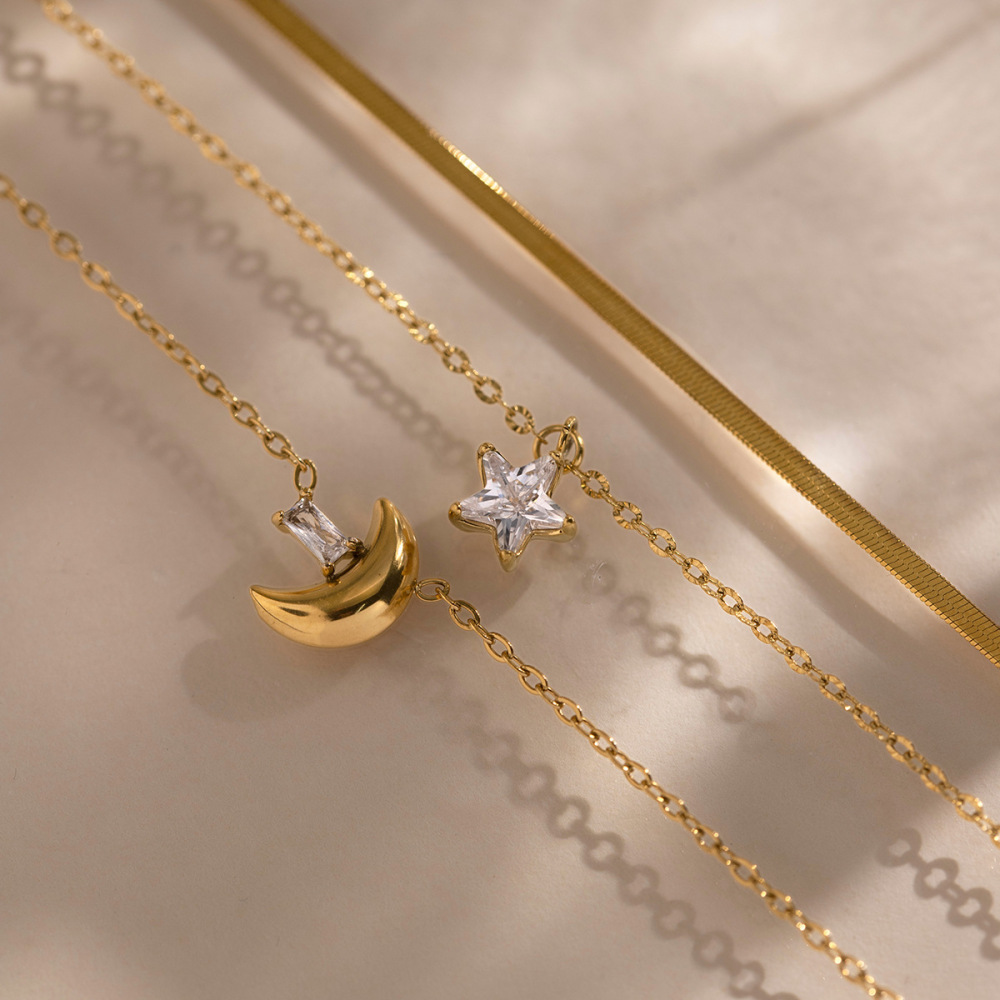 Colliers Superposés Pour Femmes, Collection Simple Series Daily Star Moon, En Acier Inoxydable, Couleur Or, Avec Zircon Et Monture Étanche. Image4