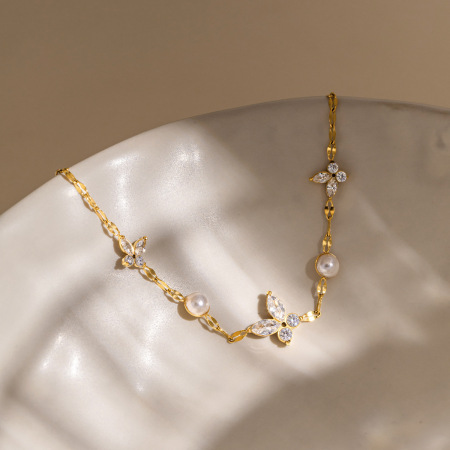 Bracelet chaîne femme en acier inoxydable doré avec zircon et motif papillon doux, collection romantique 2