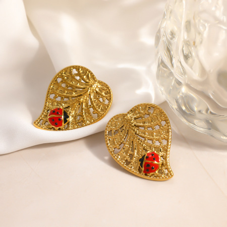 Boucles d'oreilles puces pour femmes, collection classique, motif feuille d'animal, en acier inoxydable étanche, couleur or 2