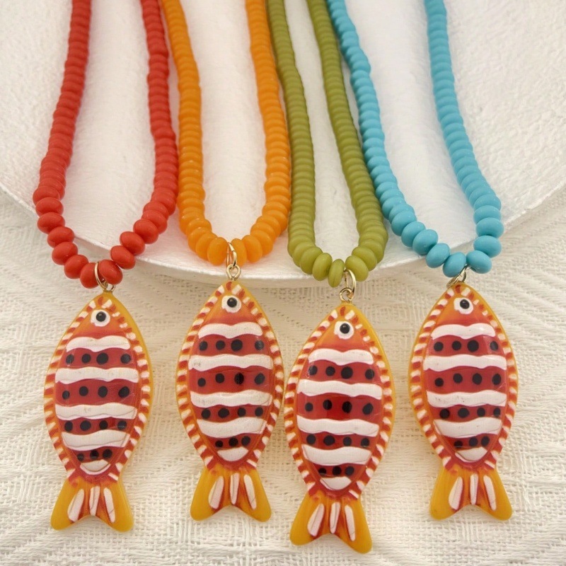 Colliers De Perles Rétro Ethniques En Résine Avec Motif De Poisson Et Perles Pour Femmes h5Image2