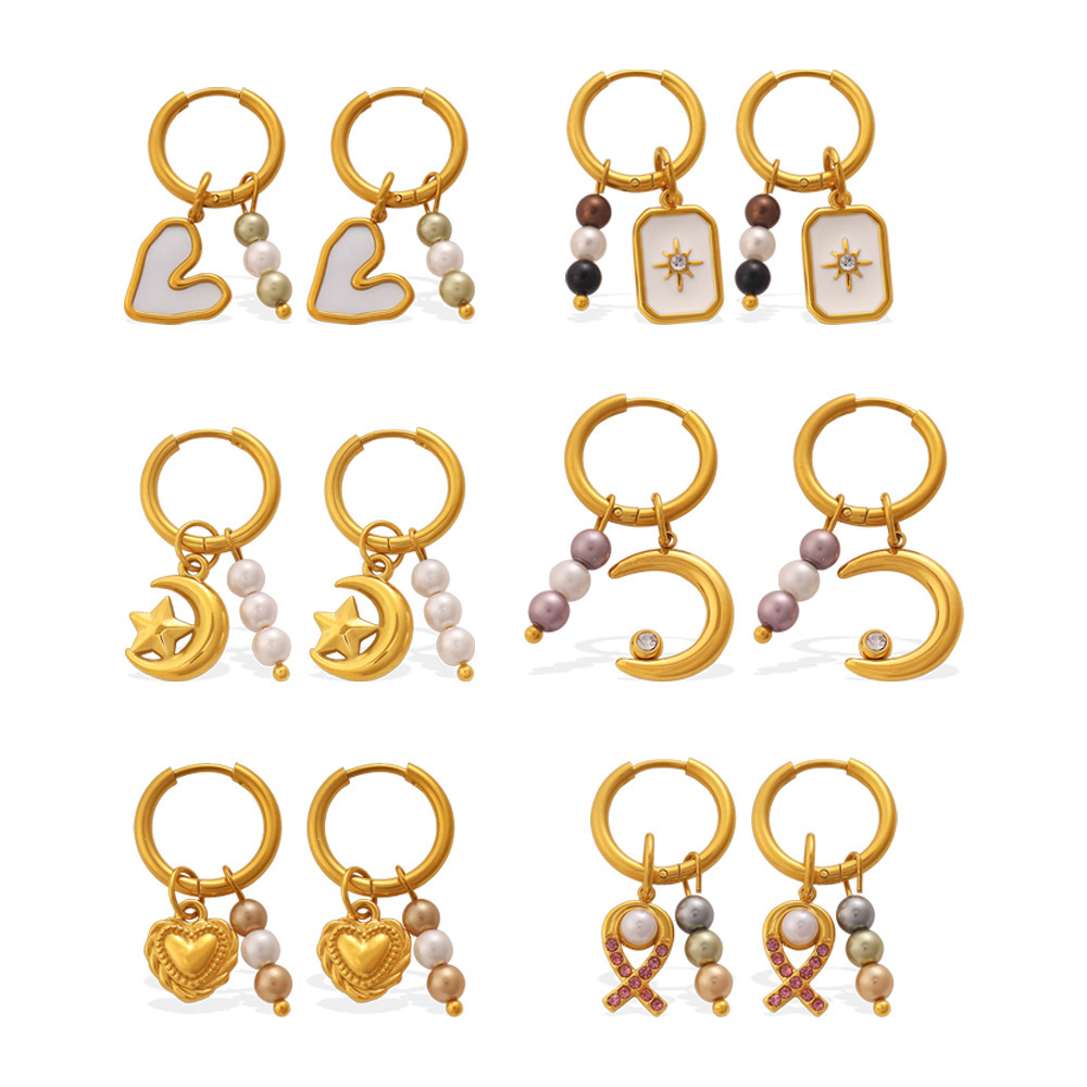 Boucles D'Oreilles Pendantes Pour Femme En Acier Inoxydable Doré, Ornées De Strass Et De Perles Artificielles, Avec Lune Et Cœur. Image4