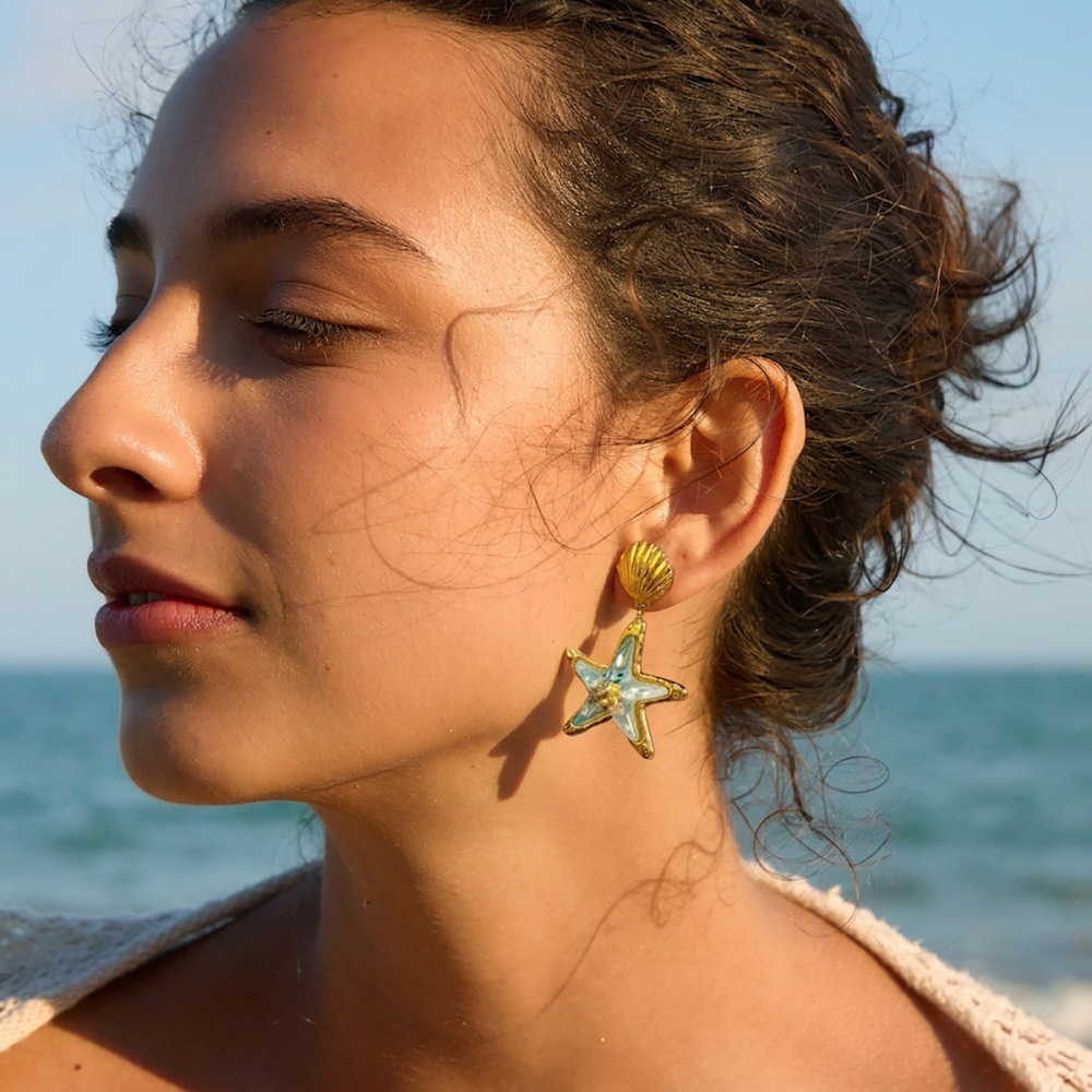 Ensembles De Bijoux Pour Femmes En Acier Inoxydable Doré, Élégants Et De Style Océanique, Avec Étoiles De Mer, Collection Romantique h5Image2