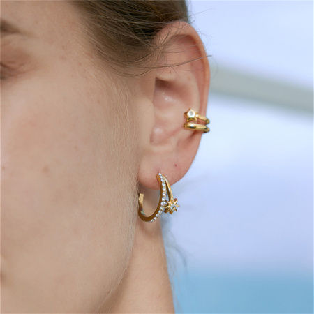 Boucles d'oreilles puces pour femmes, collection Simple, Sweet Star Circle, en acier inoxydable, étanches, couleur or, avec zircon.