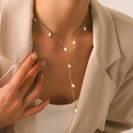 Colliers pendentifs pour femmes, collection Simple Series Daily Tassel, en acier inoxydable étanche, couleur or et perle. 2