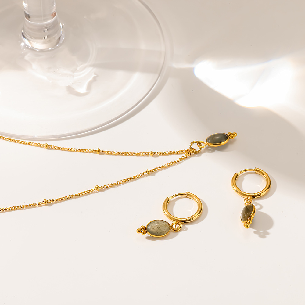 Ensembles De Bijoux Pour Femmes En Acier Inoxydable Doré, Forme Elliptique Rétro, Étanches, Avec Pierres Naturelles, Collection Classique h5Image3