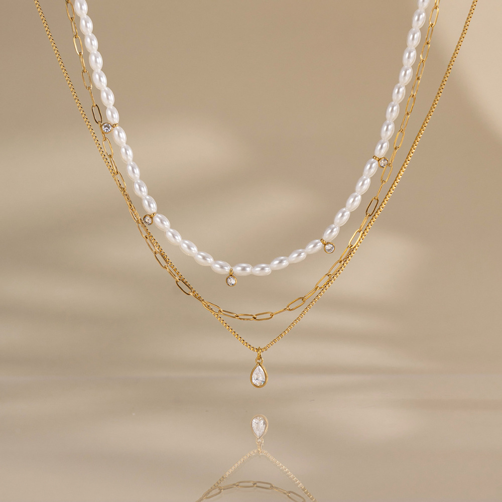 Colliers Superposés Pour Femmes, Collection Simple Series Daily Droplet Chain, En Acier Inoxydable, Couleur Or, Avec Zircon, Étanches. Image3