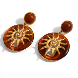 Boucles D'Oreilles Pendantes Pour Femmes, Style Rétro Soleil, En Acier Inoxydable, Couleur Or, Série Simple. h5 Image5