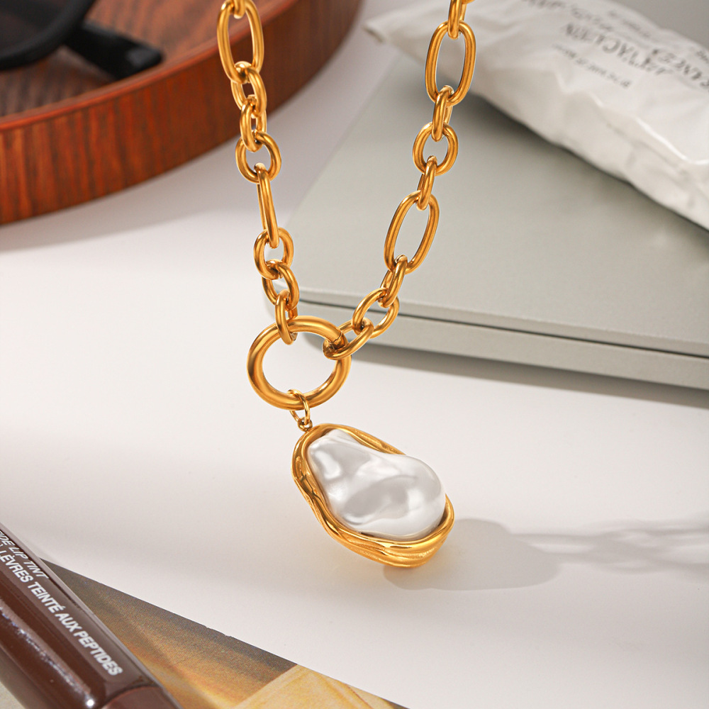 Colliers Pendentifs Pour Femmes Simple Series Daily Droplet En Acier Inoxydable Étanche Couleur Or Avec Perle Image5