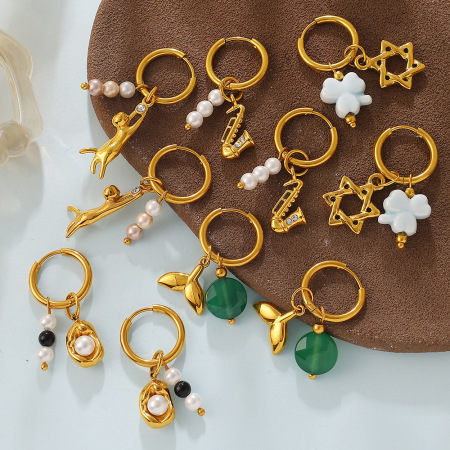 Boucles d'oreilles pendantes pour femme en acier inoxydable, imperméables, couleur or, ornées de strass et de perles. 2