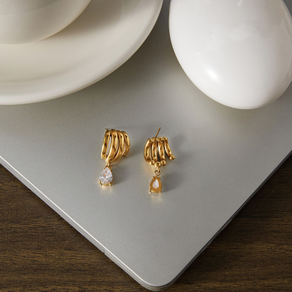 Boucles D'Oreilles Pendantes Pour Femmes, En Acier Inoxydable Étanche, Couleur Or, Ornées De Zircon, Motif Goutte D'Eau Irrégulière. Image4