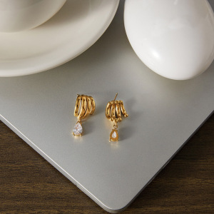 Boucles D'Oreilles Pendantes Pour Femmes, En Acier Inoxydable Étanche, Couleur Or, Ornées De Zircon, Motif Goutte D'Eau Irrégulière. h5 Image4