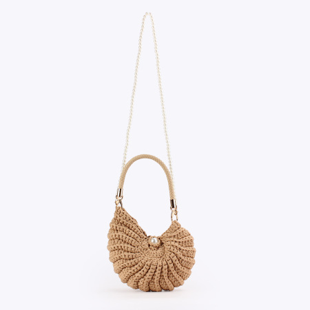 Sac rond pour femme en coton tissé uni style vacances, motif coquillage, couleur unie.