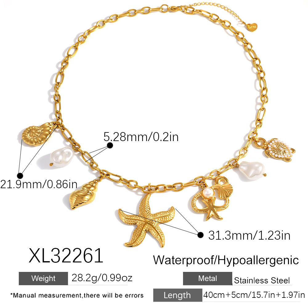 Colliers Pendentifs Pour Femmes, Style Océan, Coquillage Et Étoile De Mer, En Acier Inoxydable Étanche, Couleur Or