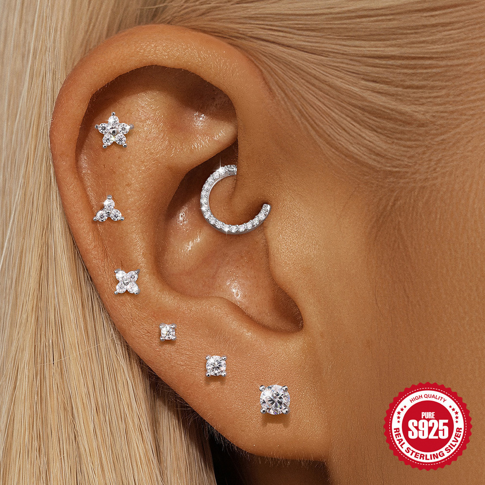 Boucles D'Oreilles En Moissanite S925 Plaqué Platine, Style Rétro, Couleur Unie, Pour Femmes, Collection Simple Series. h5Image4