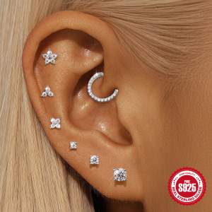 Boucles D'Oreilles En Moissanite S925 Plaqué Platine, Style Rétro, Couleur Unie, Pour Femmes, Collection Simple Series. h5 Image4