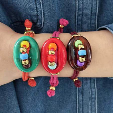 Bracelets tressés pour femmes en résine avec perles de forme irrégulière au style rétro 2