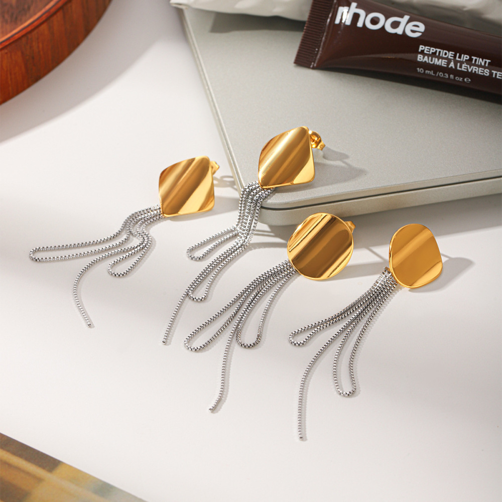 Boucles D'Oreilles Pendantes Pour Femme, Style Géométrique, Avec Pompon Rond, En Acier Inoxydable Étanche, Couleur Or. Image3