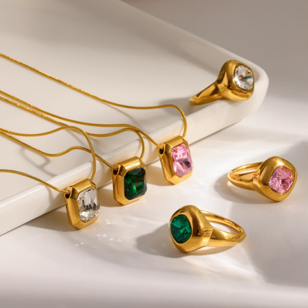 Ensemble de colliers pour femmes en acier inoxydable imperméable, forme géométrique rectangulaire simple, couleur or, avec zircon. 2