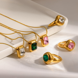Ensemble De Colliers Pour Femmes En Acier Inoxydable Imperméable, Forme Géométrique Rectangulaire Simple, Couleur Or, Avec Zircon. h5 Image2
