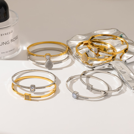 Bracelet jonc pour femme, série luxueuse, forme géométrique élégante, acier inoxydable, couleur or, strass et zircon, étanche. 2