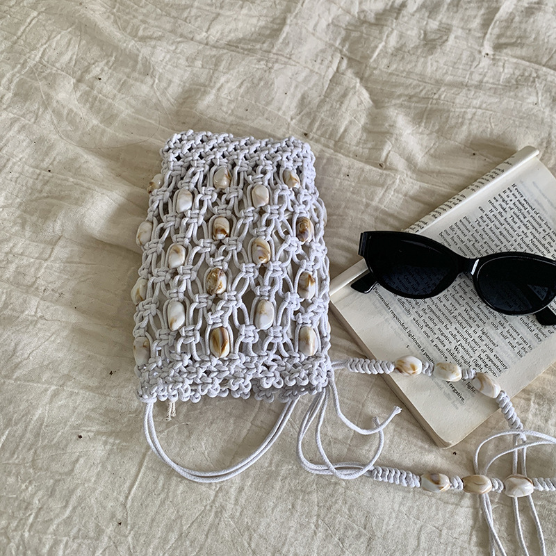Sac Carré Pour Femme En Coton Tissé Uni Style Vacances, Orné De Perles Ajourées 