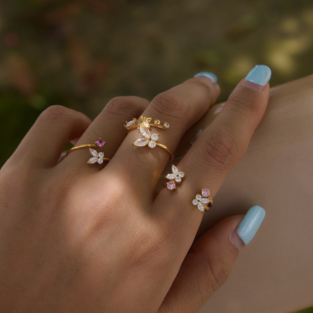 Bagues pour femmes en acier inoxydable doré, ornées de zircon et serties de pierres précieuses, collection romantique Sweet Butterfly