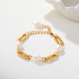 Bracelet Chaîne Pour Femme Simple Series Daily, Forme Irrégulière, En Acier Inoxydable Doré, Étanche. h5 Image2