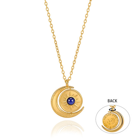 Colliers pendentifs rétro soleil et lune en acier inoxydable étanche couleur or avec pierre naturelle pour femmes 2