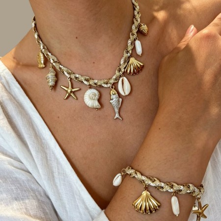 Ensembles de colliers pour femmes de la série romantique « Vacances » avec motif poisson, étoile de mer et coquillage tressé couleur or