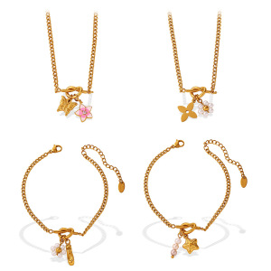 Ensembles De Bijoux Pour Femmes Daily Flower En Acier Inoxydable Étanche, Forme Irrégulière Papillon Et Lune, Couleur Or h5 Image5