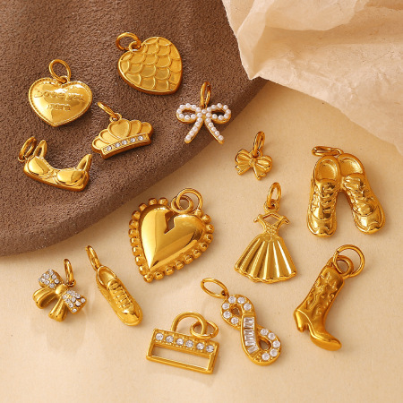 Pendentifs simples à faire soi-même en forme de cœur, nœud papillon, couronne, bottes, acier inoxydable, étanches, couleur or 2