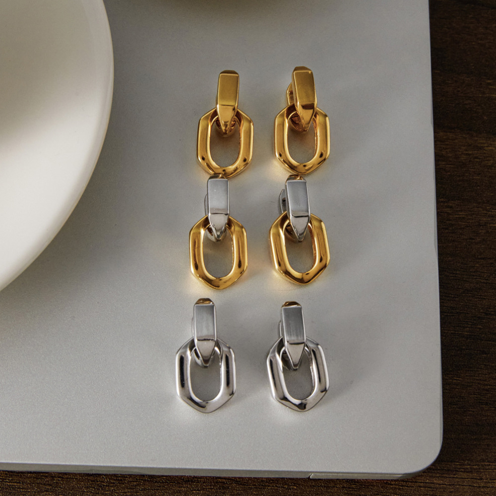 Boucles D'Oreilles Pendantes Pour Femme, Style Patchwork Simple Et Irrégulier, En Acier Inoxydable Imperméable Couleur Or h5Image4