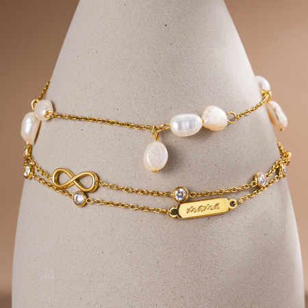 Bracelet chaîne élégant et imperméable en acier inoxydable doré avec perle, collection Simple Series Elegant Infinity