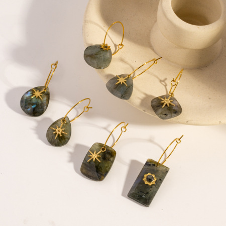 Boucles d'oreilles pendantes pour femme, style rétro, rectangulaire, géométrique, en pierres naturelles couleur or, ornées de pierres naturelles. 2