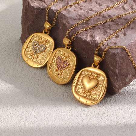 Colliers pendentifs rétro en forme de cœur, en acier inoxydable, couleur or, avec strass, pour femmes 2