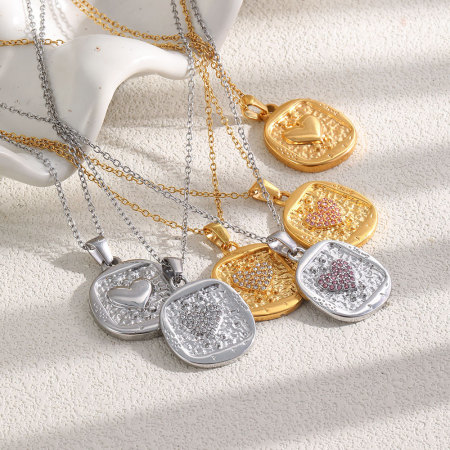 Colliers pendentifs rétro en forme de cœur, en acier inoxydable, couleur or, avec strass, pour femmes