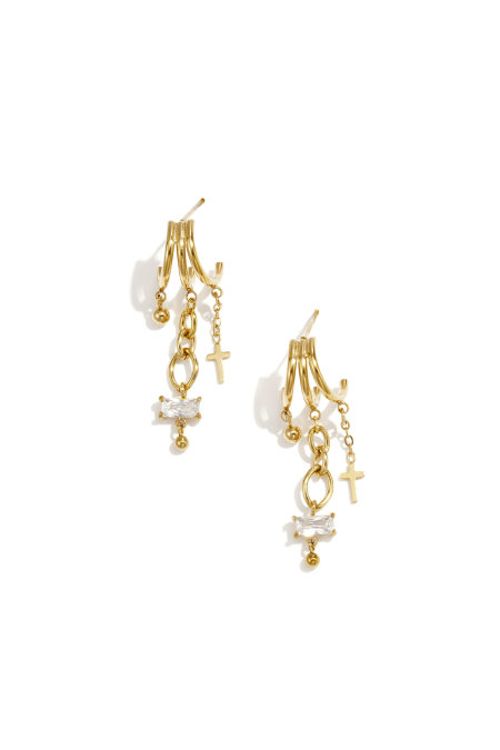 Boucles d'oreilles triples avec zircon cubique et breloque en forme de croix
