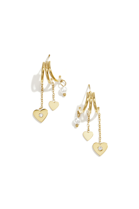 Boucles d'oreilles triples avec pendentifs en forme de cœur et perles